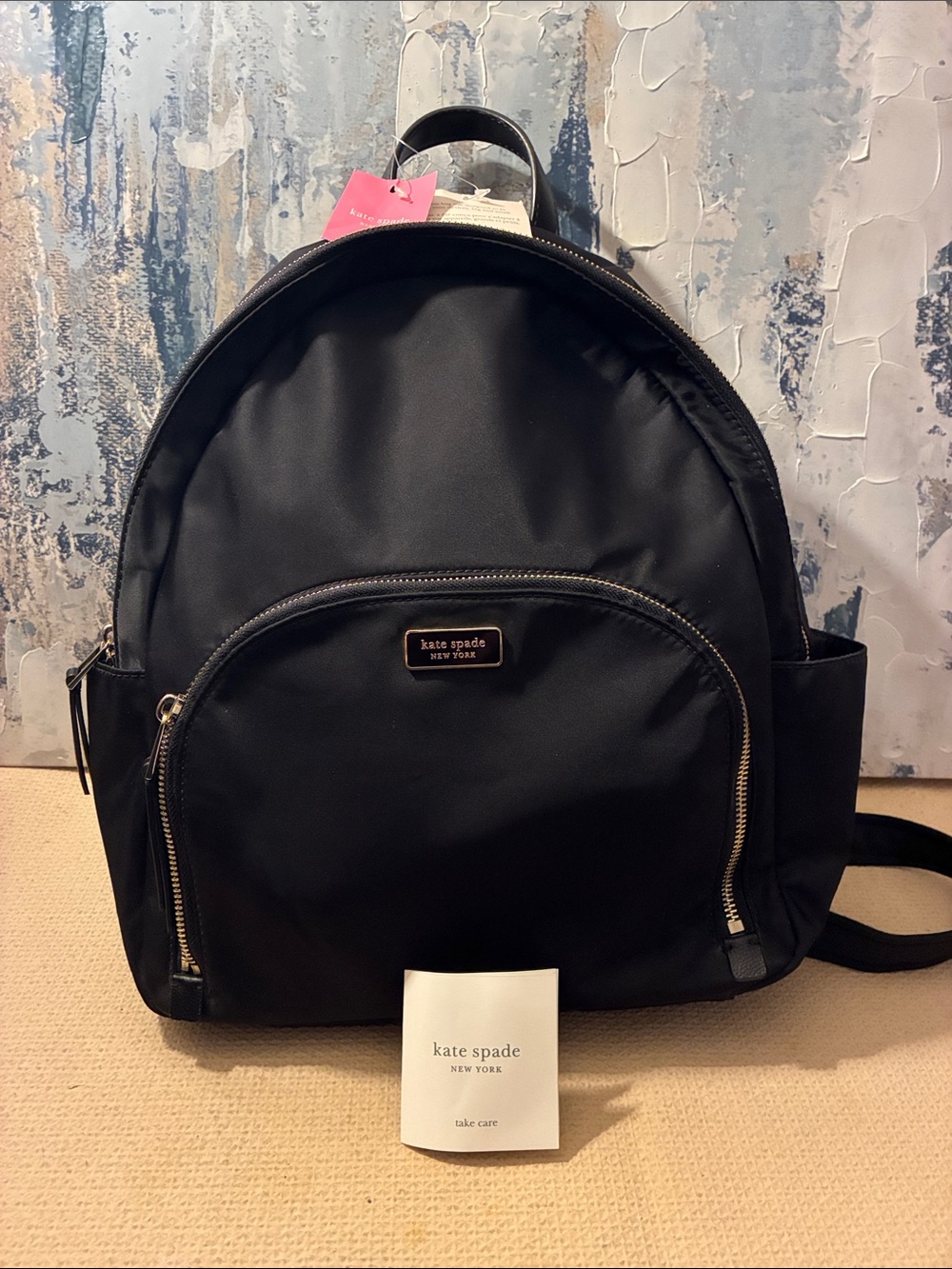 NWT Kate Spade   Dawn Black Nylon Backpack with Gold Hardware Leather Trim